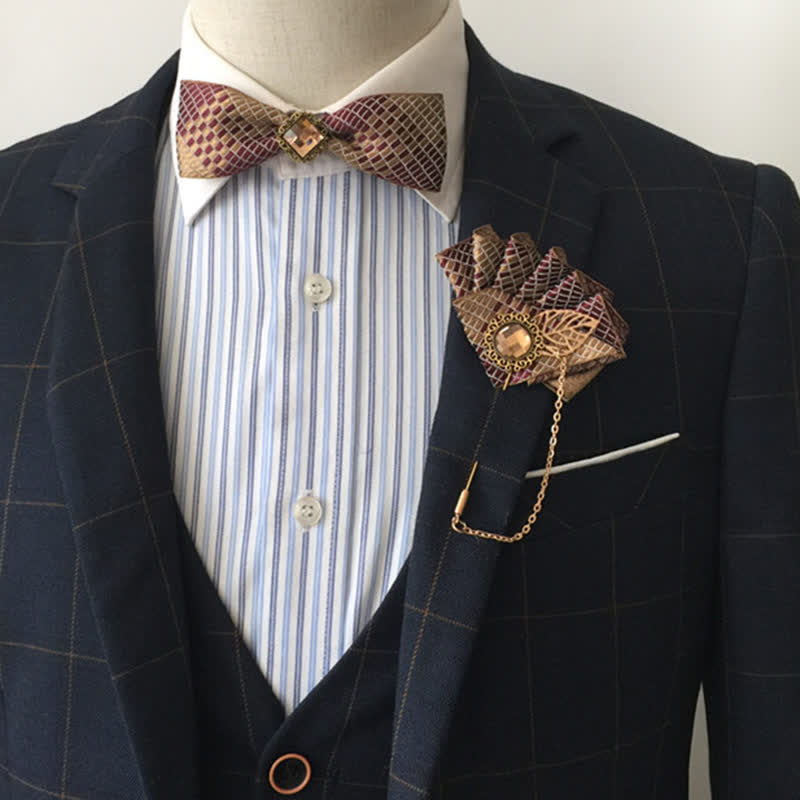 2Pcs Burgundy & Champagne Checked Pattern Pin Bow Tie Set - 2Pcs - image 0