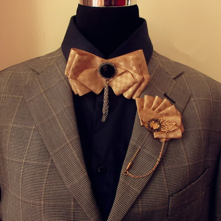 2Pcs Ribbon Checked Pattern Pin Bow Tie Set - image 0