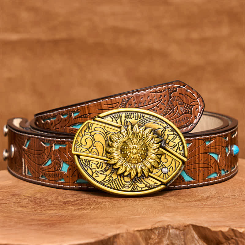 Men's DIY Bronze Sunflower Hidden Folding Knife Leather Belt - Sunflower - Turquoise Carved Belt - 42 - image 6