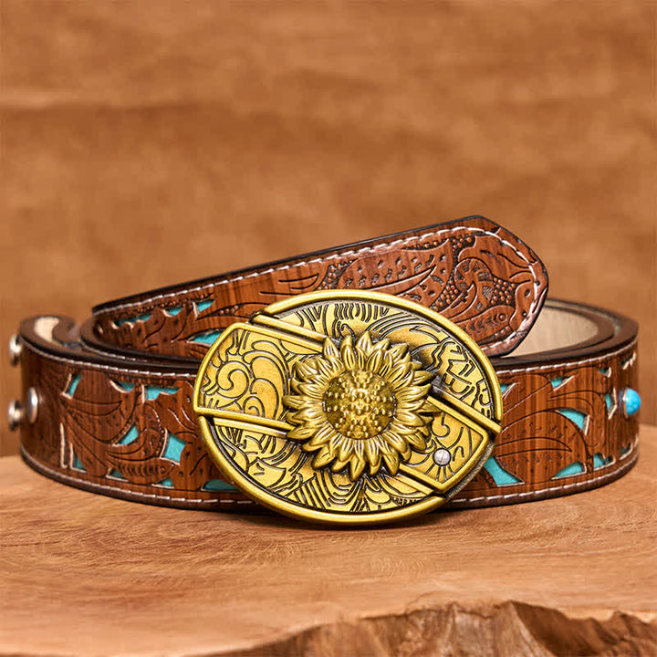 Men's DIY Bronze Sunflower Hidden Folding Knife Leather Belt - Sunflower - Turquoise Carved Belt - 42 - image 6