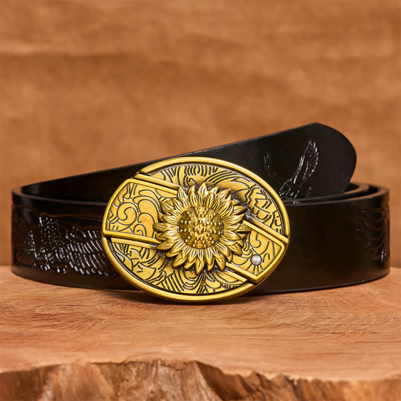 Men's DIY Bronze Sunflower Hidden Folding Knife Leather Belt - Sunflower - Black Embossed Eagle Belt - 42 - image 7