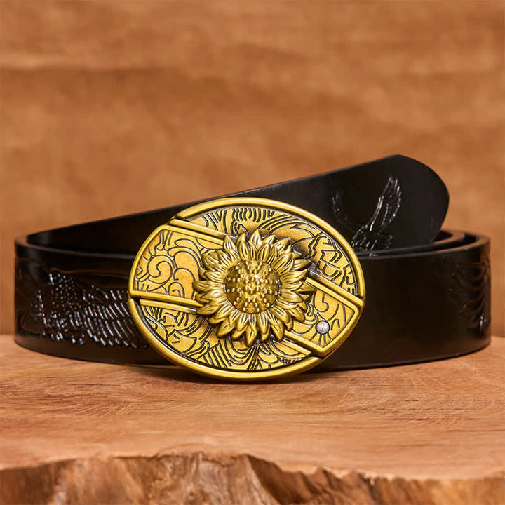 Men's DIY Bronze Sunflower Hidden Folding Knife Leather Belt - Sunflower - Black Embossed Eagle Belt - 42 - image 7