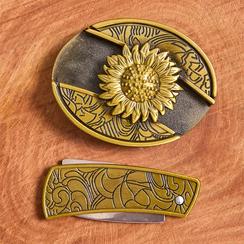 Men's DIY Bronze Sunflower Hidden Folding Knife Leather Belt - image 3