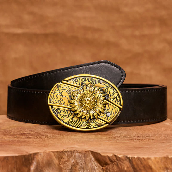 Men's DIY Bronze Sunflower Hidden Folding Knife Leather Belt - Sunflower - Black PU Belt - 42 - image 5