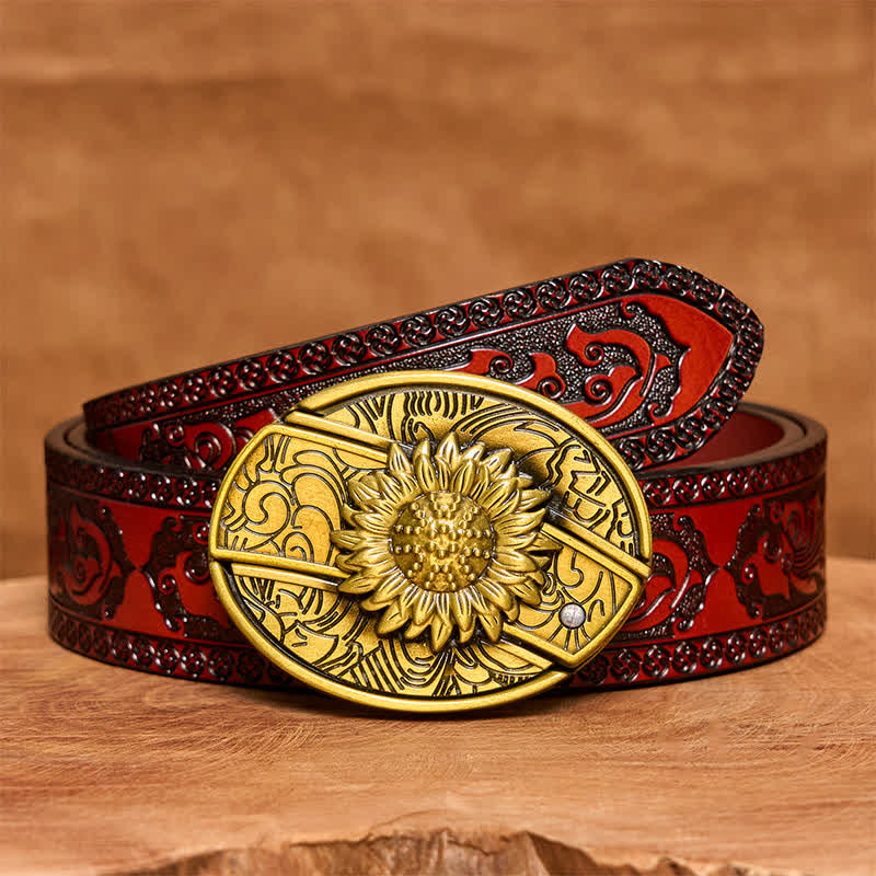 Men's DIY Bronze Sunflower Hidden Folding Knife Leather Belt - Sunflower - Brown Carved Belt - 42 - image 8