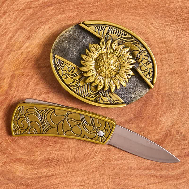 Men's DIY Bronze Sunflower Hidden Folding Knife Leather Belt - image 2