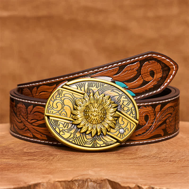 Men's DIY Bronze Sunflower Hidden Folding Knife Leather Belt - Sunflower - Brown Feather Belt - 40 - image 10