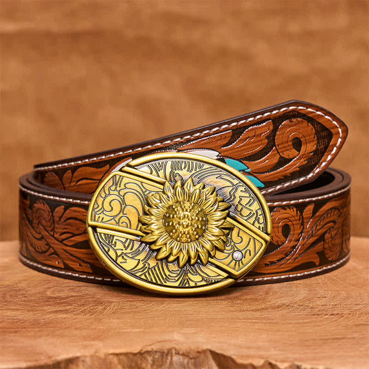Men's DIY Bronze Sunflower Hidden Folding Knife Leather Belt - Sunflower - Brown Feather Belt - 40 - image 10