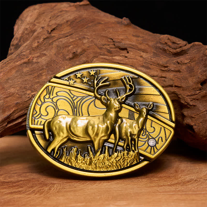 Men's DIY Bronze Dual Deers Hidden Folding Knife Leather Belt - Dual Deers - Without Belt - Not Included Belt - image 1