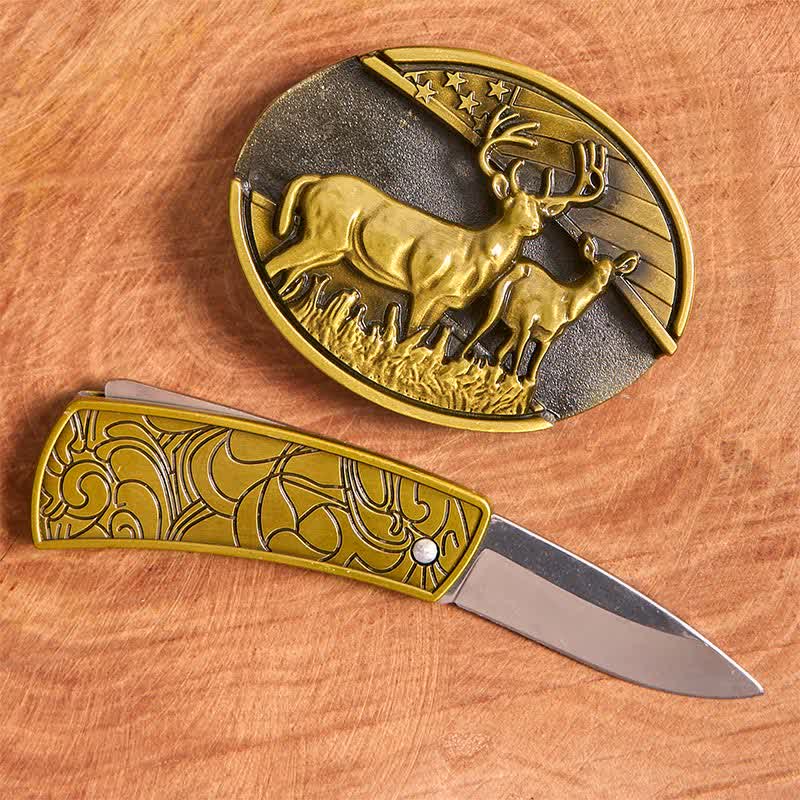 Men's DIY Bronze Dual Deers Hidden Folding Knife Leather Belt - image 2