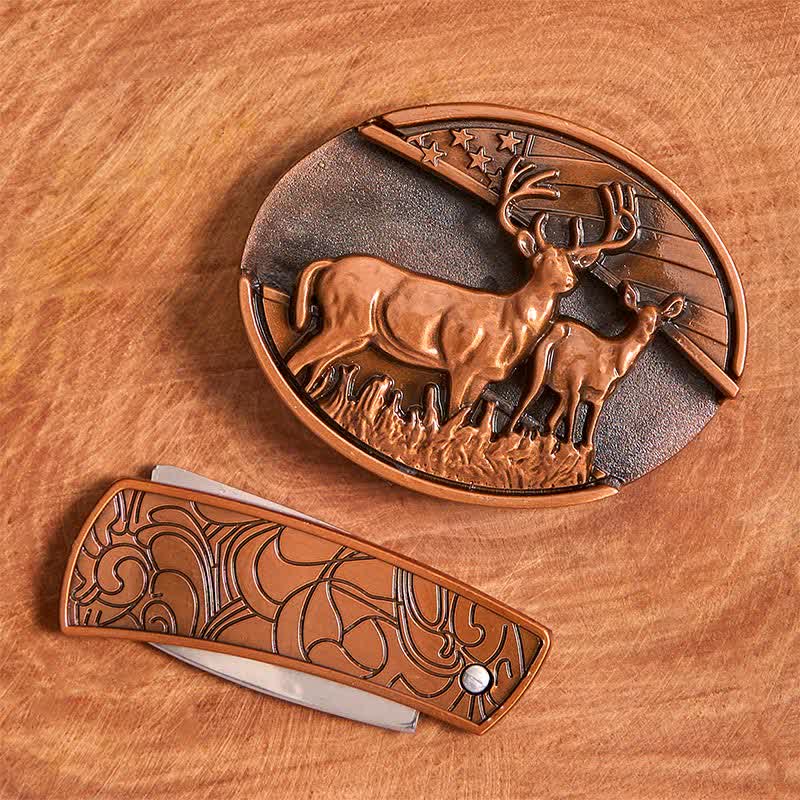 Men's DIY Red Bronze Dual Deers Hidden Folding Knife Leather Belt - image 4