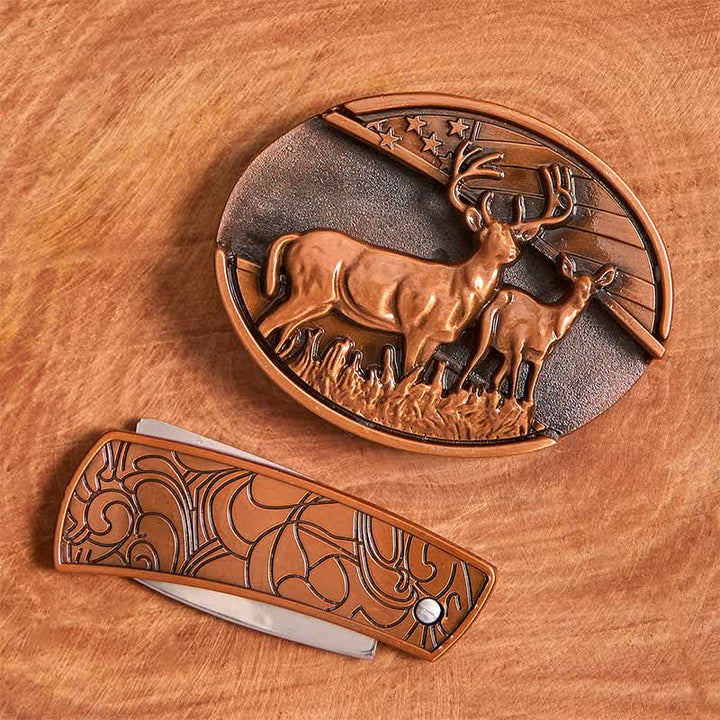 Men's DIY Red Bronze Dual Deers Hidden Folding Knife Leather Belt - image 4