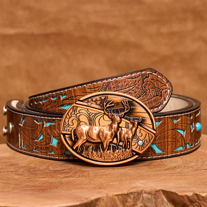 Men's DIY Red Bronze Dual Deers Hidden Folding Knife Leather Belt - Dual Deers - Turquoise Carved Belt - 42 - image 6