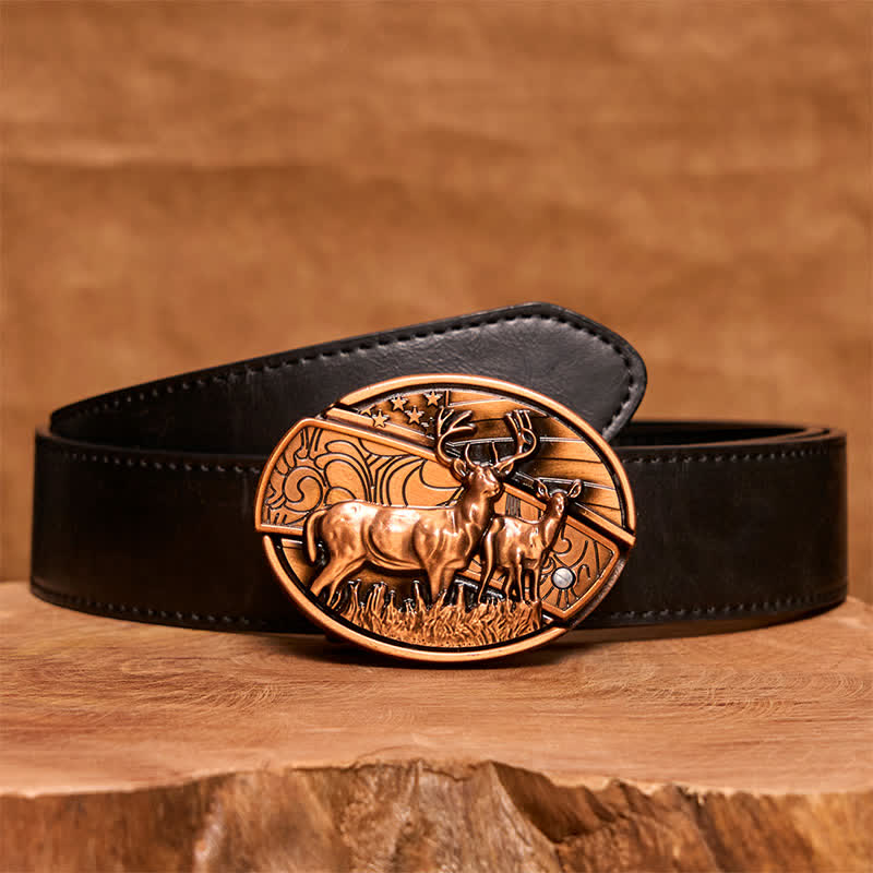 Men's DIY Red Bronze Dual Deers Hidden Folding Knife Leather Belt - Dual Deers - Black PU Belt - 42 - image 4