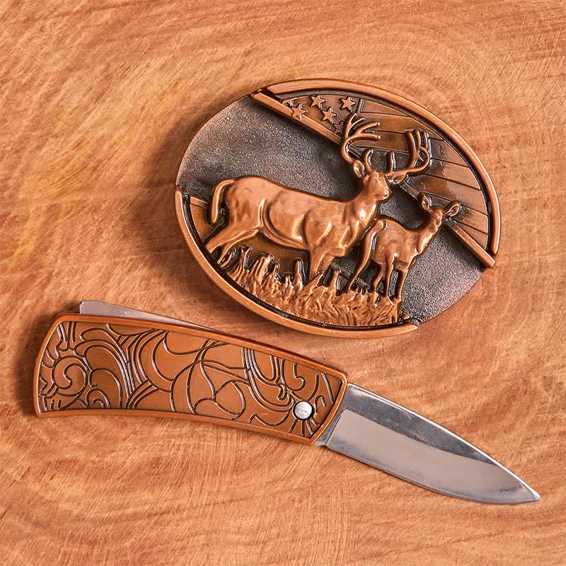 Men's DIY Red Bronze Dual Deers Hidden Folding Knife Leather Belt - image 1