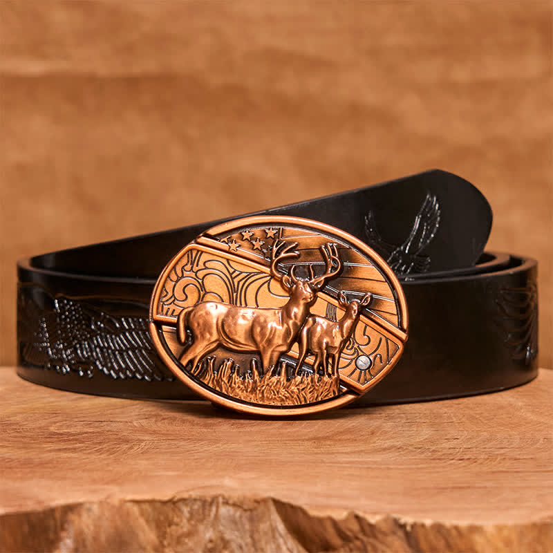 Men's DIY Red Bronze Dual Deers Hidden Folding Knife Leather Belt - Dual Deers - Black Embossed Eagle Belt - 42 - image 7