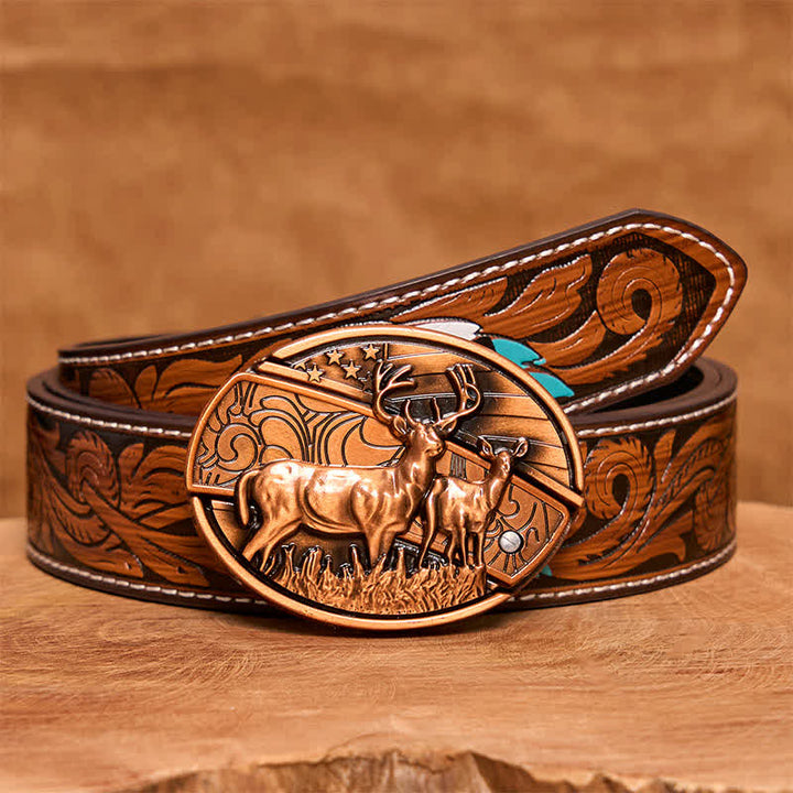Men's DIY Red Bronze Dual Deers Hidden Folding Knife Leather Belt - Dual Deers - Brown Feather Belt - 40 - image 10