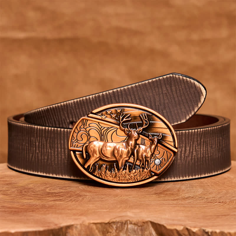 Men's DIY Red Bronze Dual Deers Hidden Folding Knife Leather Belt - Dual Deers - Brown Distressed Belt - 42 - image 8