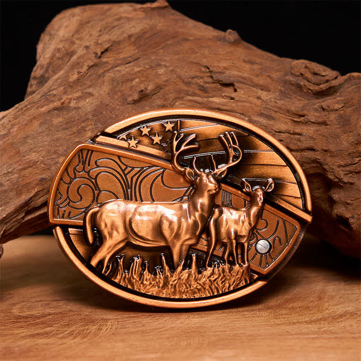 Men's DIY Red Bronze Dual Deers Hidden Folding Knife Leather Belt - Dual Deers - Without Belt - Not Included Belt - image 1