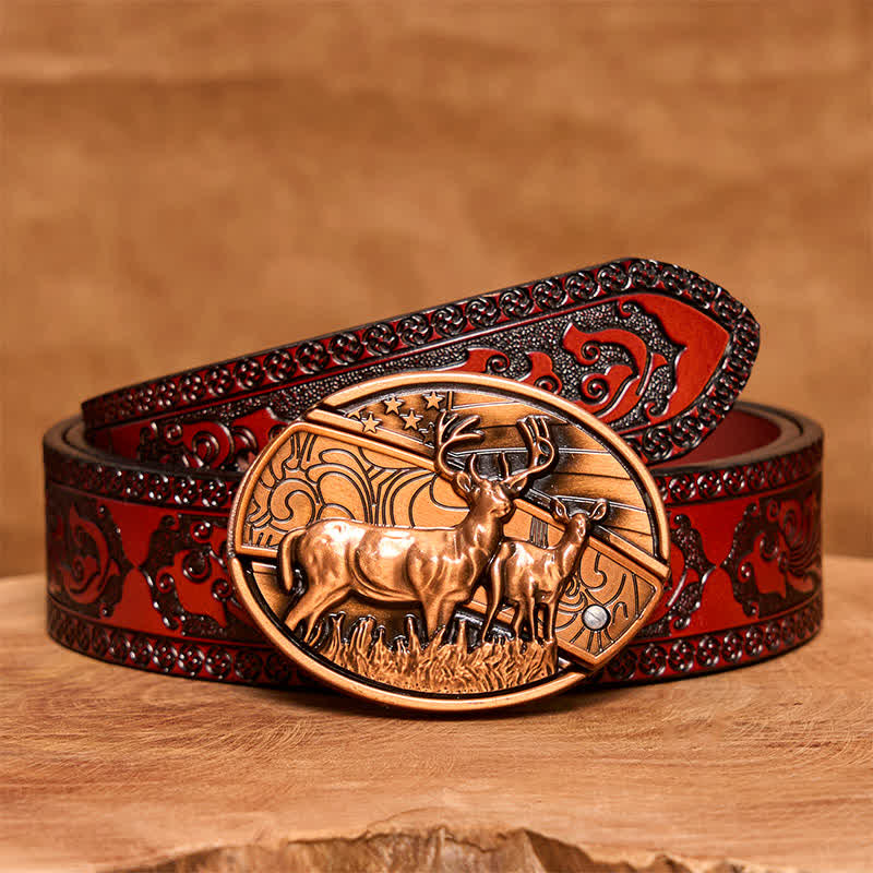 Men's DIY Red Bronze Dual Deers Hidden Folding Knife Leather Belt - Dual Deers - Brown Carved Belt - 42 - image 7