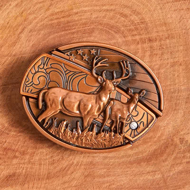 Men's DIY Red Bronze Dual Deers Hidden Folding Knife Leather Belt - image 3