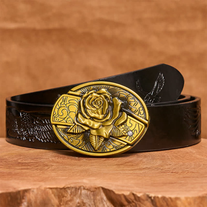 Men's DIY Bronze Rose Hidden Folding Knife Leather Belt - Rose - Black Embossed Eagle Belt - 42 - image 7