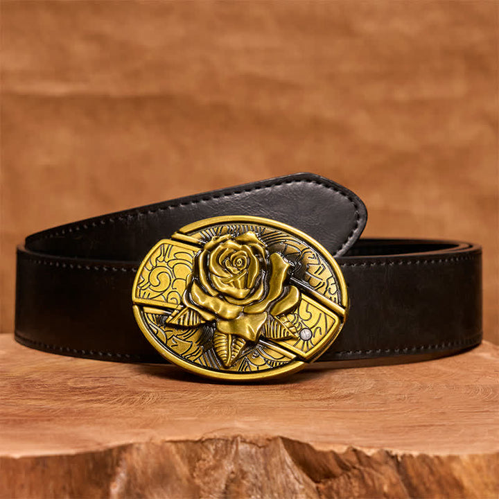 Men's DIY Bronze Rose Hidden Folding Knife Leather Belt - Rose - Black PU Belt - 42 - image 4