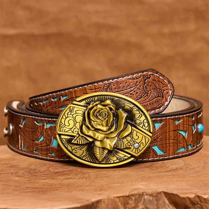 Men's DIY Bronze Rose Hidden Folding Knife Leather Belt - Rose - Turquoise Carved Belt - 42 - image 6