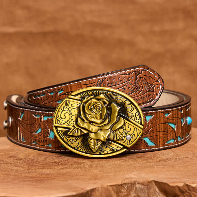 Men's DIY Bronze Rose Hidden Folding Knife Leather Belt - Rose - Turquoise Carved Belt - 42 - image 5