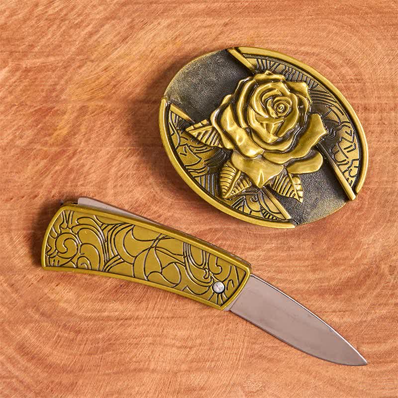 Men's DIY Bronze Rose Hidden Folding Knife Leather Belt - image 1