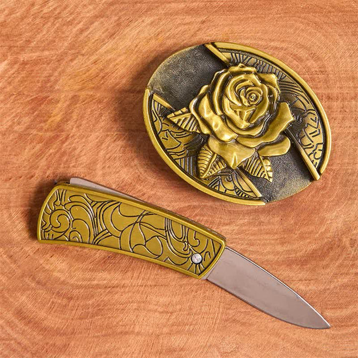 Men's DIY Bronze Rose Hidden Folding Knife Leather Belt - image 1