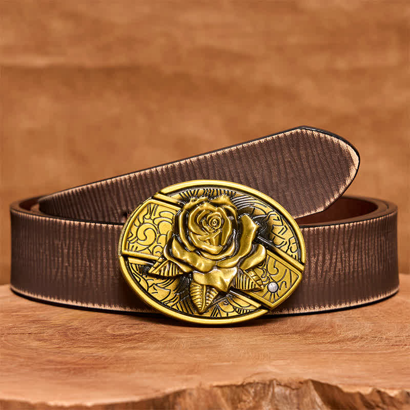 Men's DIY Bronze Rose Hidden Folding Knife Leather Belt - Rose - Brown Distressed Belt - 42 - image 9