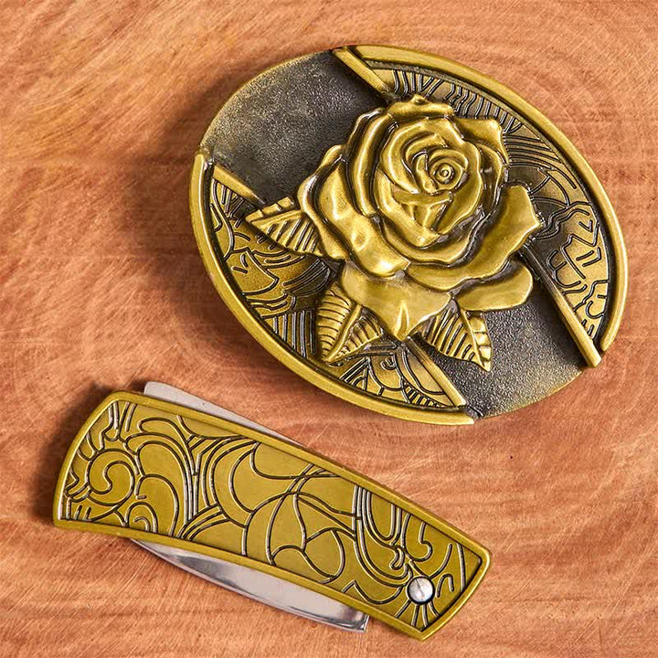 Men's DIY Bronze Rose Hidden Folding Knife Leather Belt - image 3