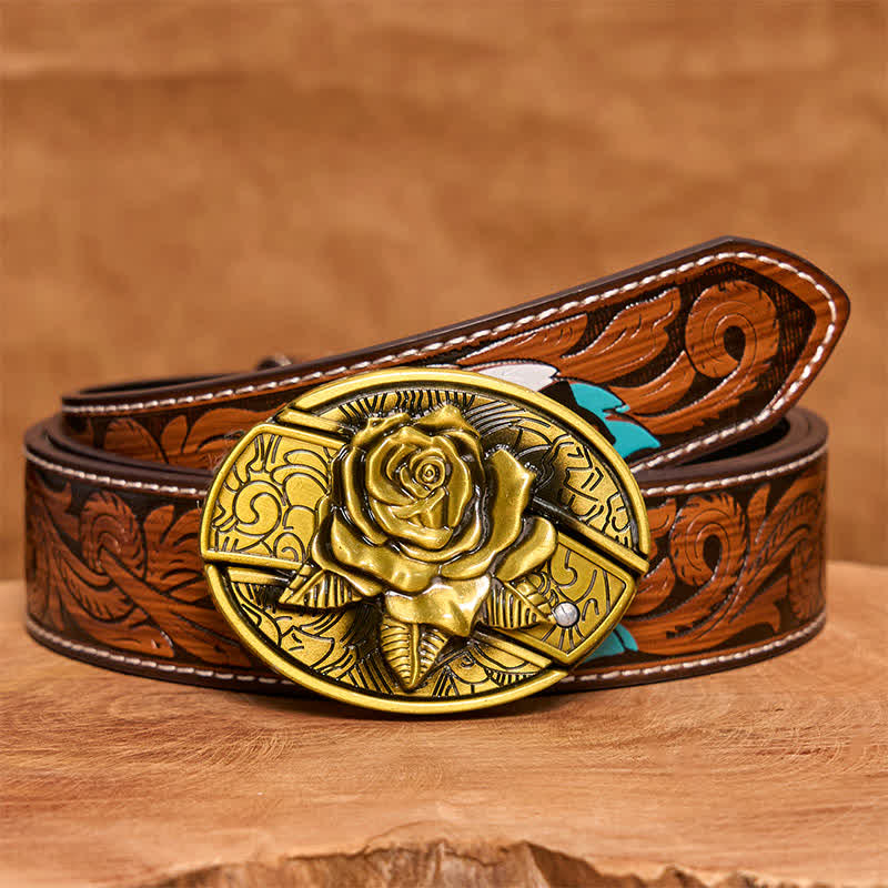 Men's DIY Bronze Rose Hidden Folding Knife Leather Belt - Rose - Brown Feather Belt - 40 - image 10