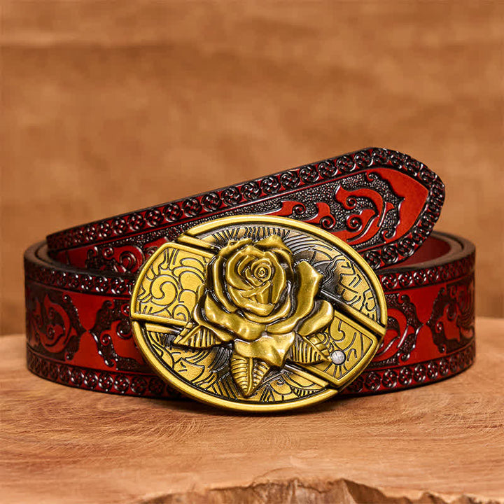 Men's DIY Bronze Rose Hidden Folding Knife Leather Belt - Rose - Brown Carved Belt - 42 - image 7