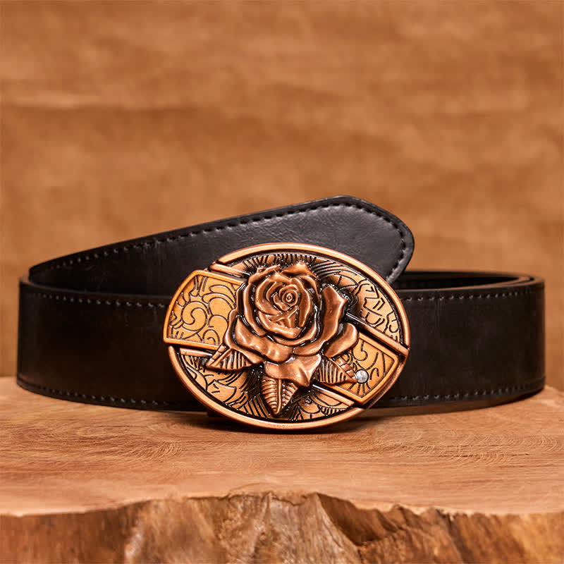 Men's DIY Red Bronze Rose Hidden Folding Knife Leather Belt - Rose - Black PU Belt - 42 - image 4