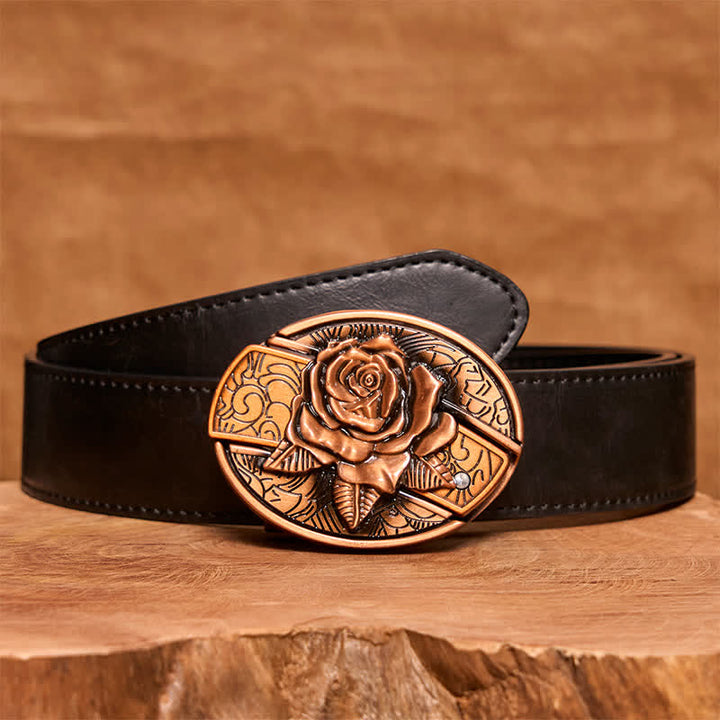 Men's DIY Red Bronze Rose Hidden Folding Knife Leather Belt - Rose - Black PU Belt - 42 - image 4
