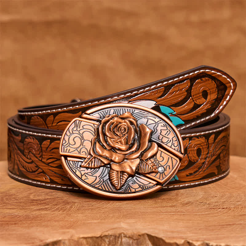 Men's DIY Red Bronze Rose Hidden Folding Knife Leather Belt - Rose - Brown Feather Belt - 40 - image 9