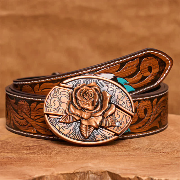 Men's DIY Red Bronze Rose Hidden Folding Knife Leather Belt - Rose - Brown Feather Belt - 40 - image 9