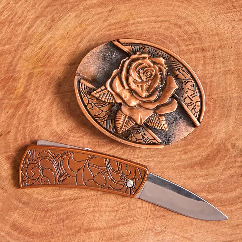 Men's DIY Red Bronze Rose Hidden Folding Knife Leather Belt - image 1