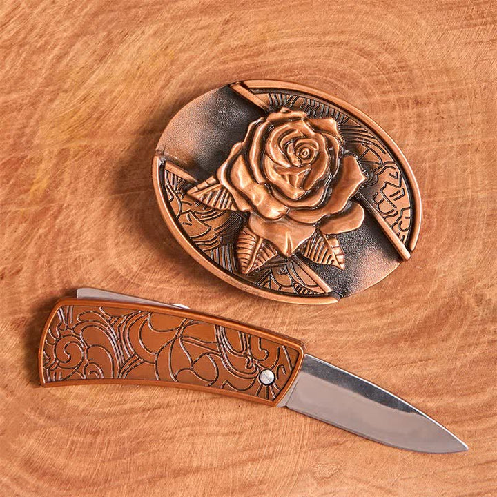 Men's DIY Red Bronze Rose Hidden Folding Knife Leather Belt - image 1