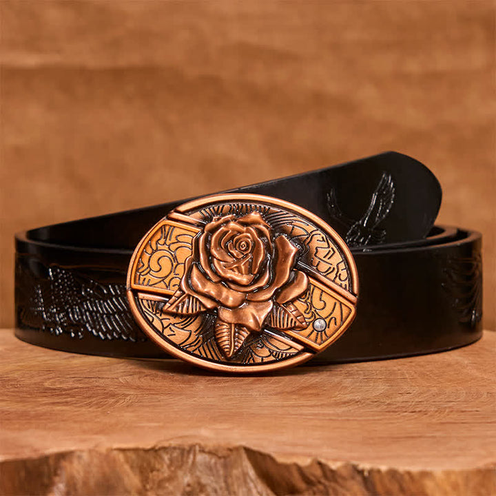 Men's DIY Red Bronze Rose Hidden Folding Knife Leather Belt - Rose - Black Embossed Eagle Belt - 42 - image 6