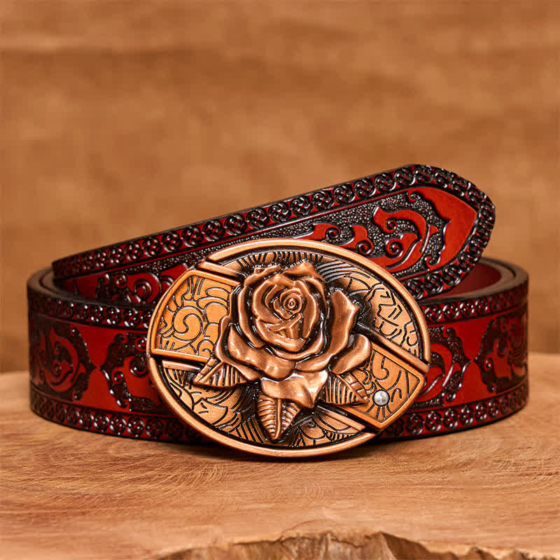 Men's DIY Red Bronze Rose Hidden Folding Knife Leather Belt - Rose - Brown Carved Belt - 42 - image 7