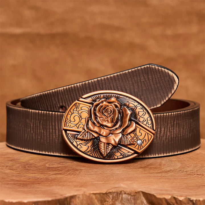 Men's DIY Red Bronze Rose Hidden Folding Knife Leather Belt - Rose - Brown Distressed Belt - 42 - image 8