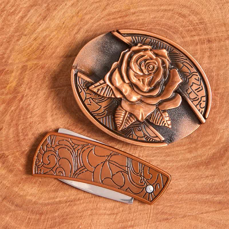 Men's DIY Red Bronze Rose Hidden Folding Knife Leather Belt - image 3