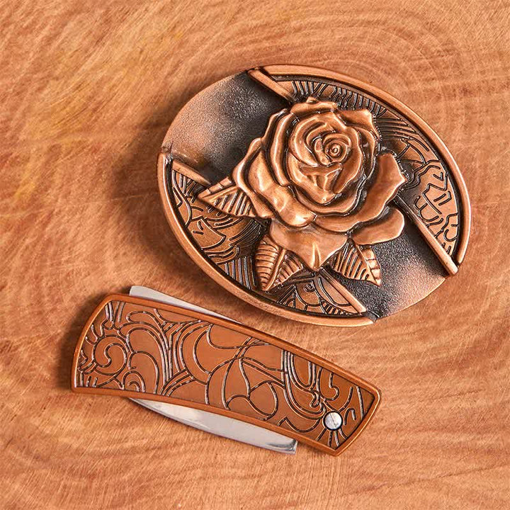 Men's DIY Red Bronze Rose Hidden Folding Knife Leather Belt - image 3