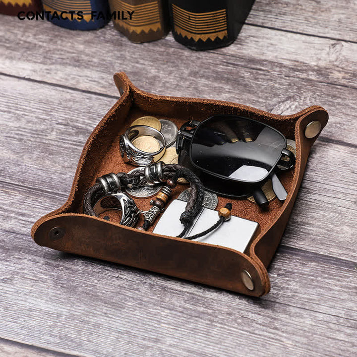 Rustic Genuine Leather Custom Name Foldable Valet Tray - Coffee - image 0