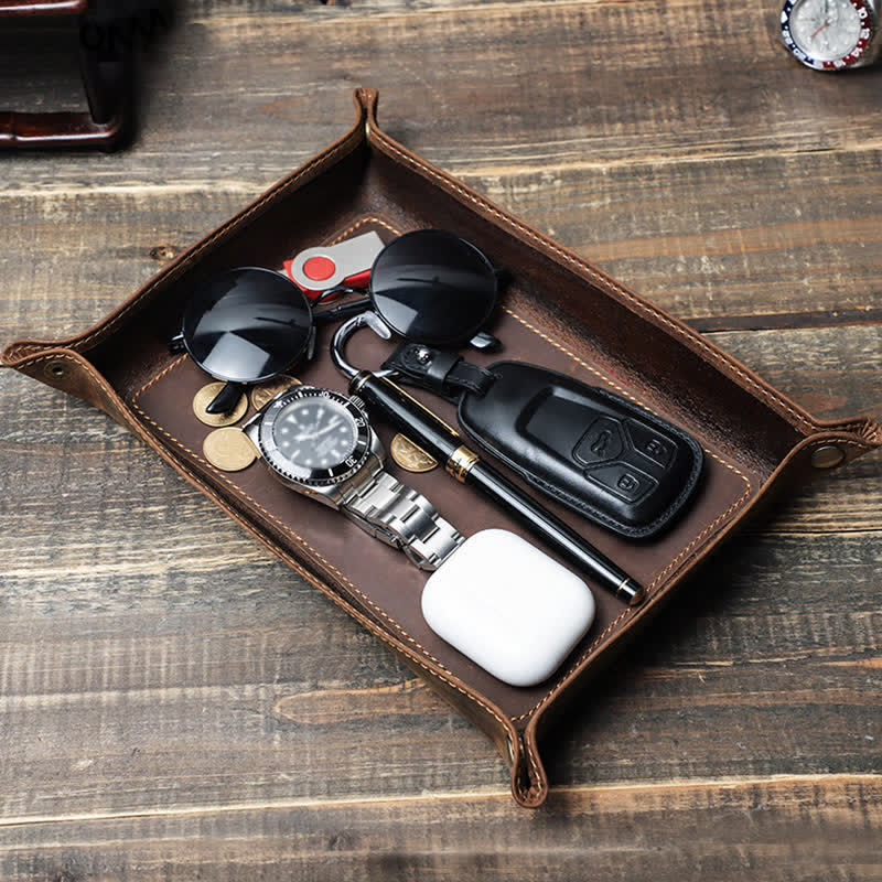 Large Rectangle Leather Custom Name Foldable Valet Tray - Coffee - image 1