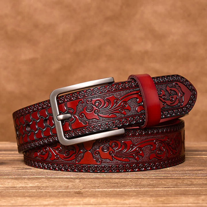 Men's Luxury Flower Embossed Pattern Leather Belt - Brown - 44 - image 8