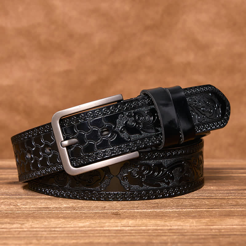 Men's Luxury Flower Embossed Pattern Leather Belt - Black - 44 - image 6
